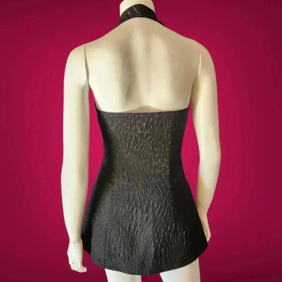 Vintage 80s Embossed Black Satin Halter Top / Mini Dress M - Picture 4 of 10